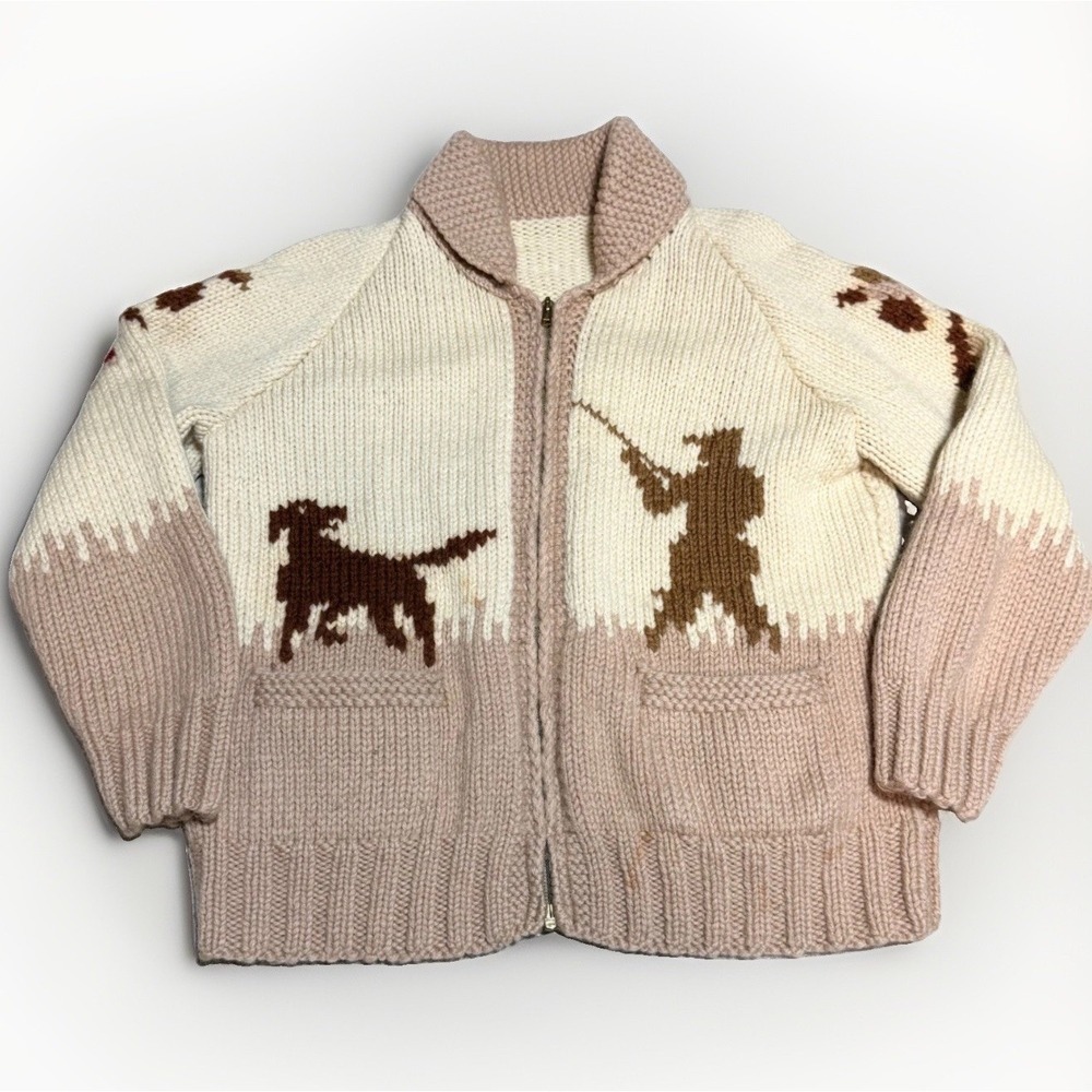 Vintage Cowichan Sweater Large Hunting Dog Pheasant Hand Knit Wool Zip Cardigan